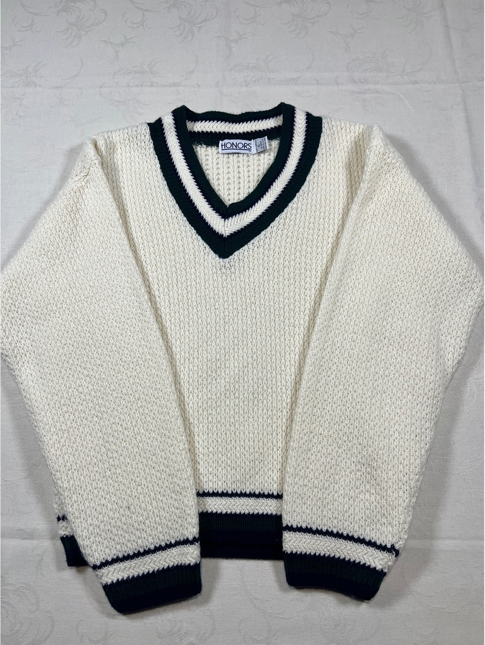 Vintage Honors V-Neck Knit Tennis Sweater White Green Size XL